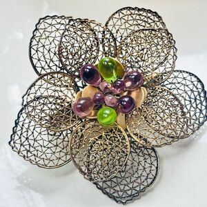 Vintage Kenneth Cole Filigree Flower Pin Gold Tone Purple Green Lucite Beads